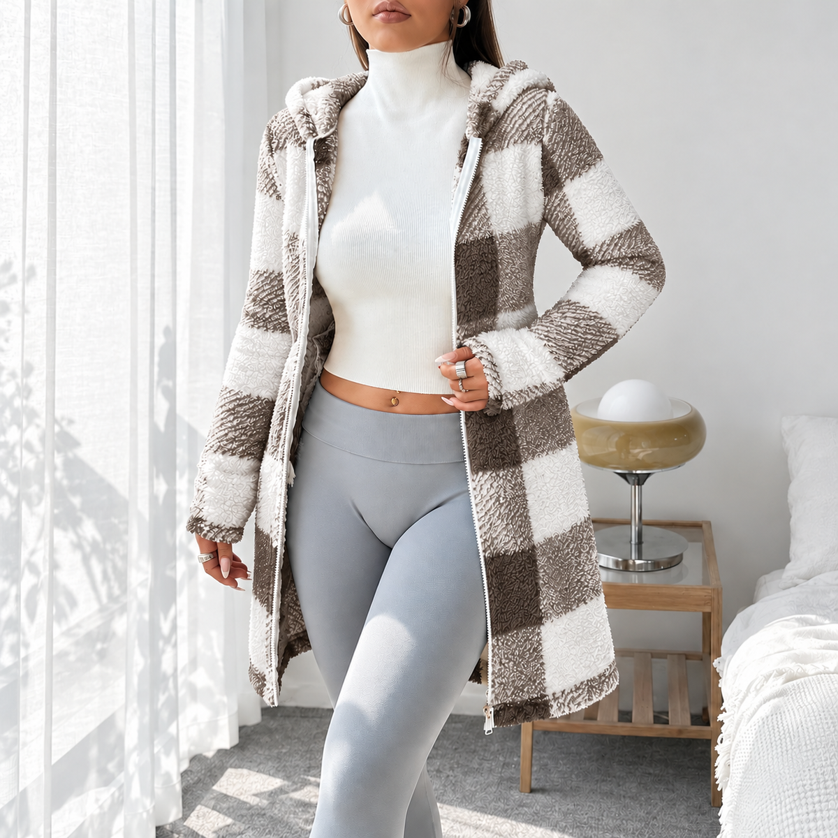 Rosabel plaid hooded teddy coat in Taupe & White