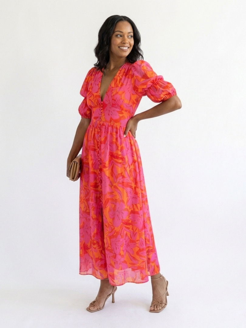 Leandra | Floral V-Neck Puff Sleeve Midi Dress