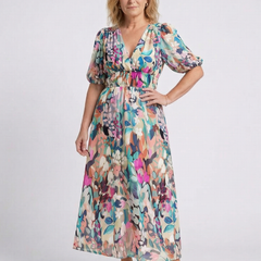 Margarita | Gathered Waist V-Neck Midi Dress