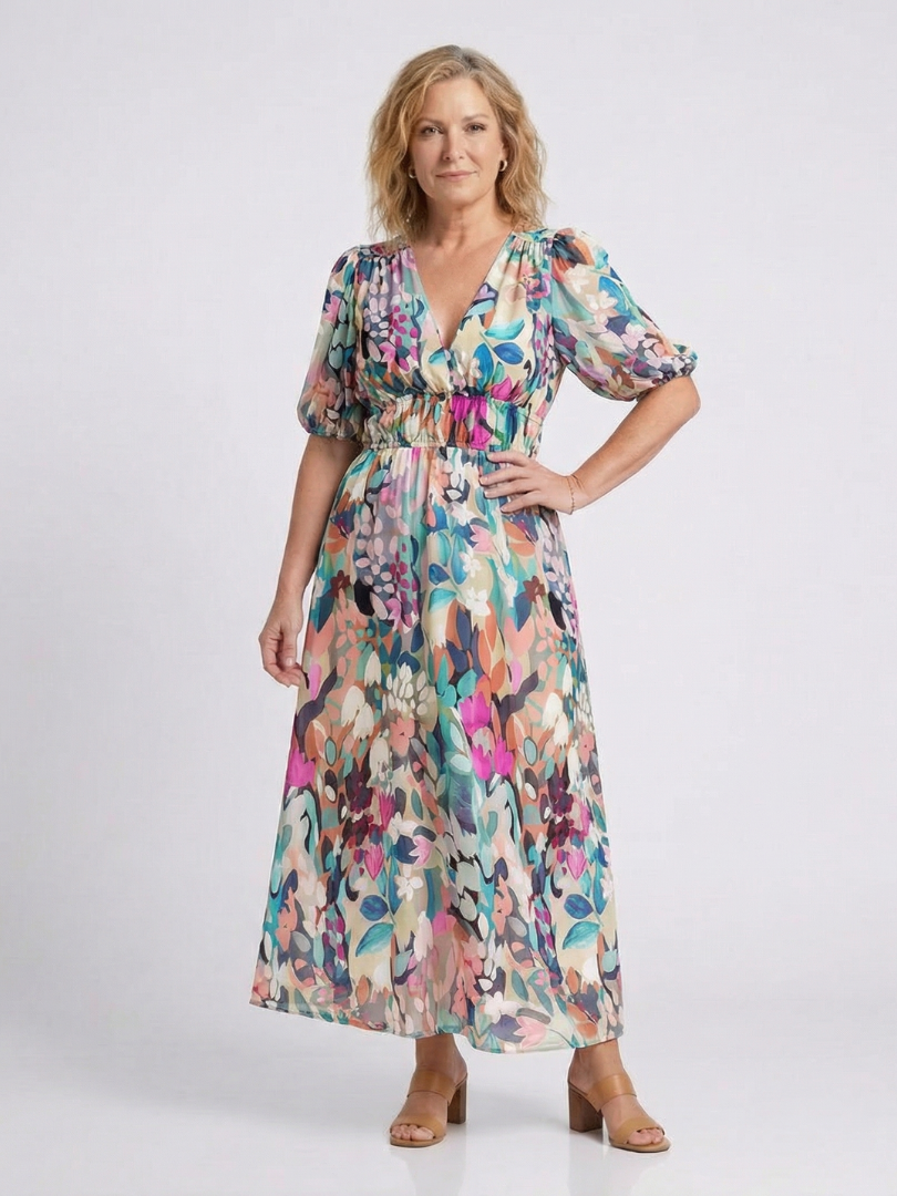Margarita | Gathered Waist V-Neck Midi Dress