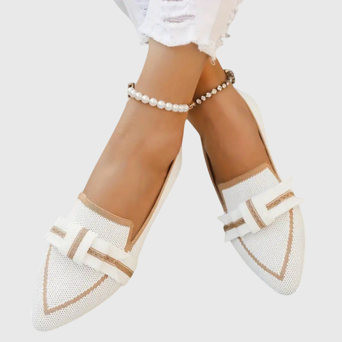 Margery pointed bow knit flats in White