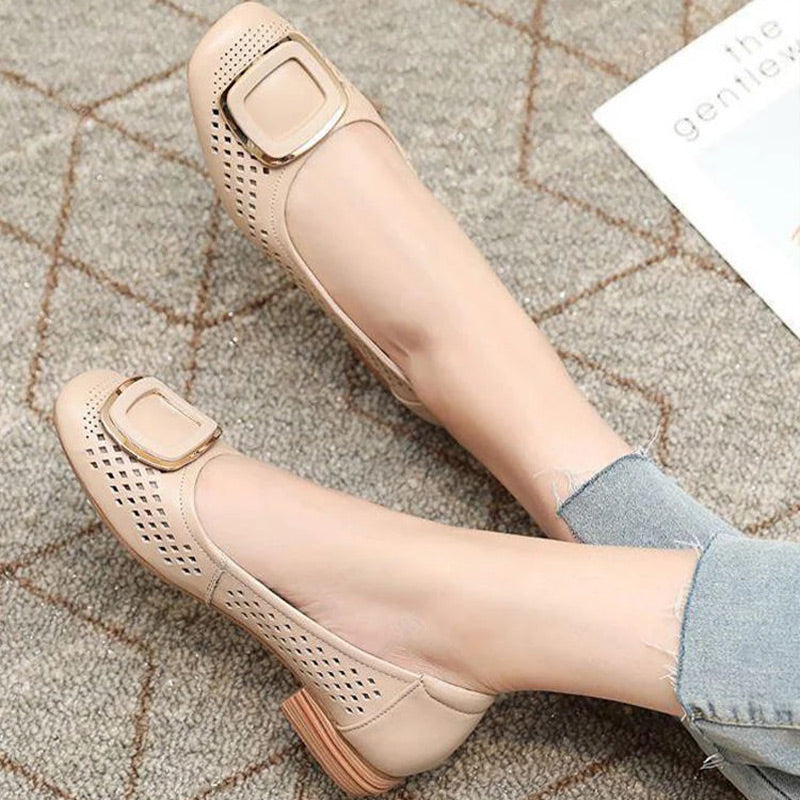 Bernice square buckle soft shoes in Beige