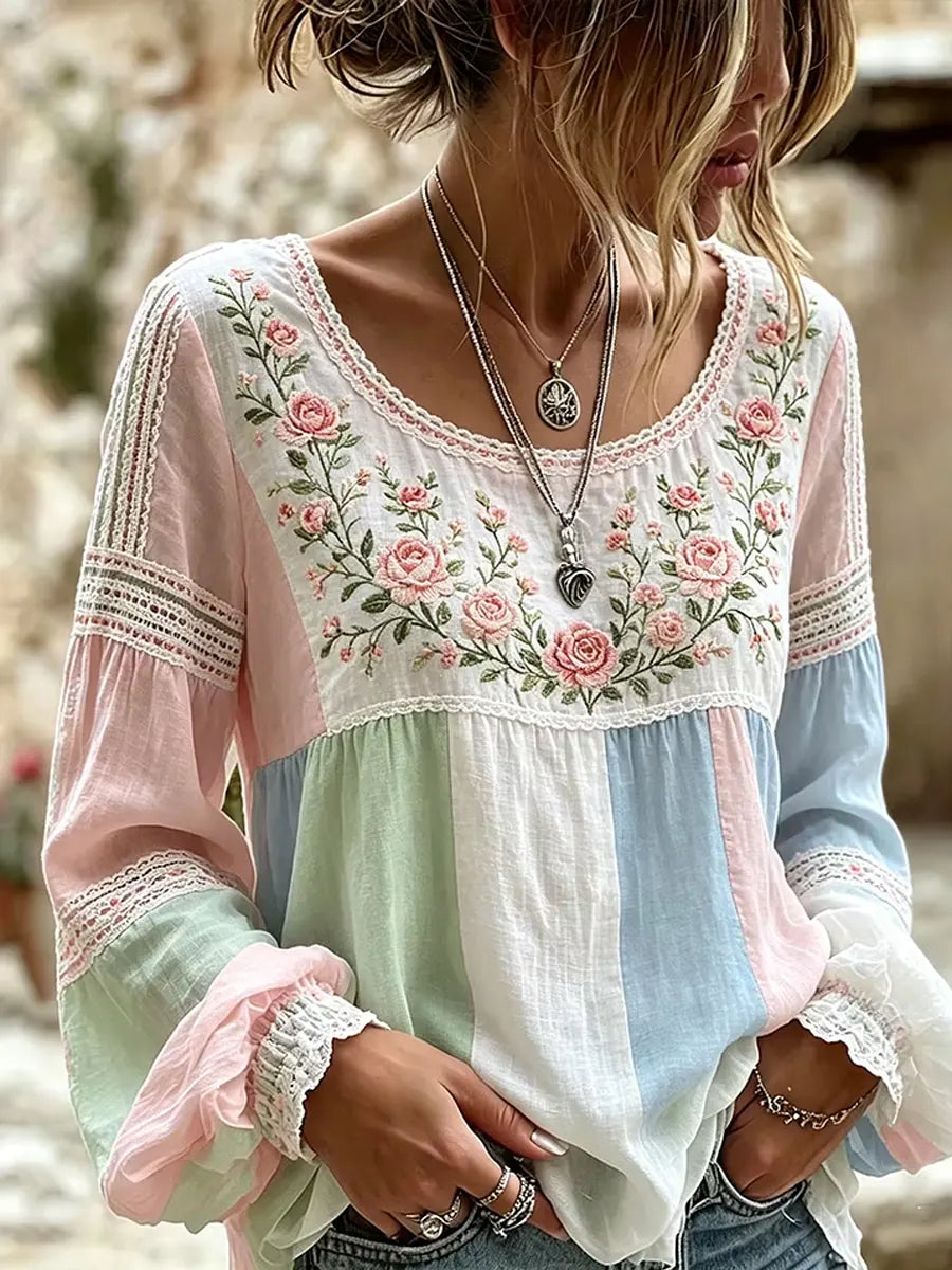 Amabel | Boho Embroidered Floral Blouse