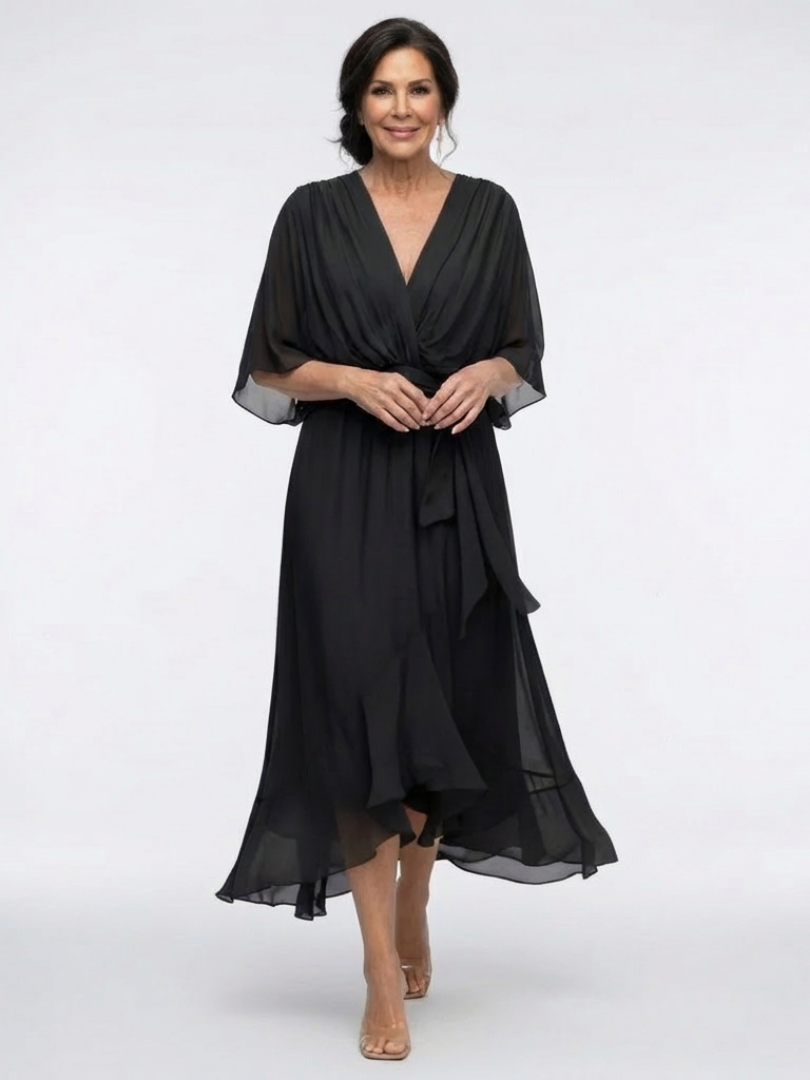 Larissa | V-Neck Draped Waist-Tie Midi Dress