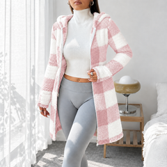 Rosabel plaid hooded teddy coat in Blush Pink & White