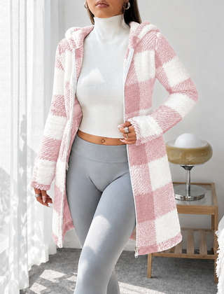 Rosabel plaid hooded teddy coat in Blush Pink & White