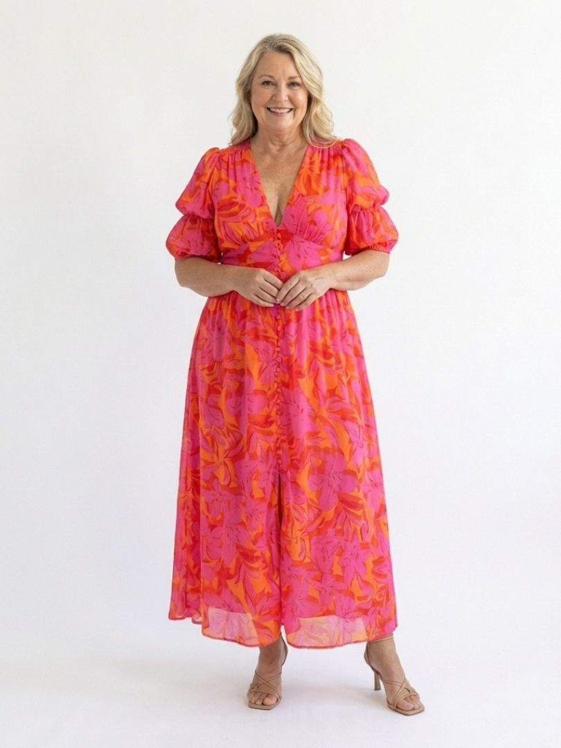 Leandra | Floral V-Neck Puff Sleeve Midi Dress