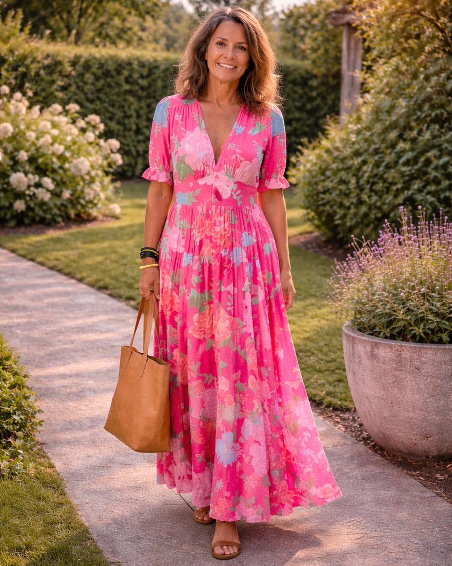 Lianne | Floral V-Neck Short-Sleeve Midi Dress