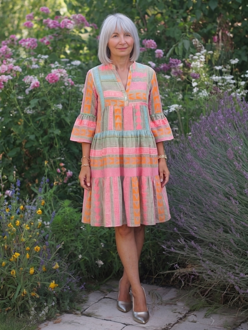 Liza | Geometric Print Tiered Knee-Length Dress