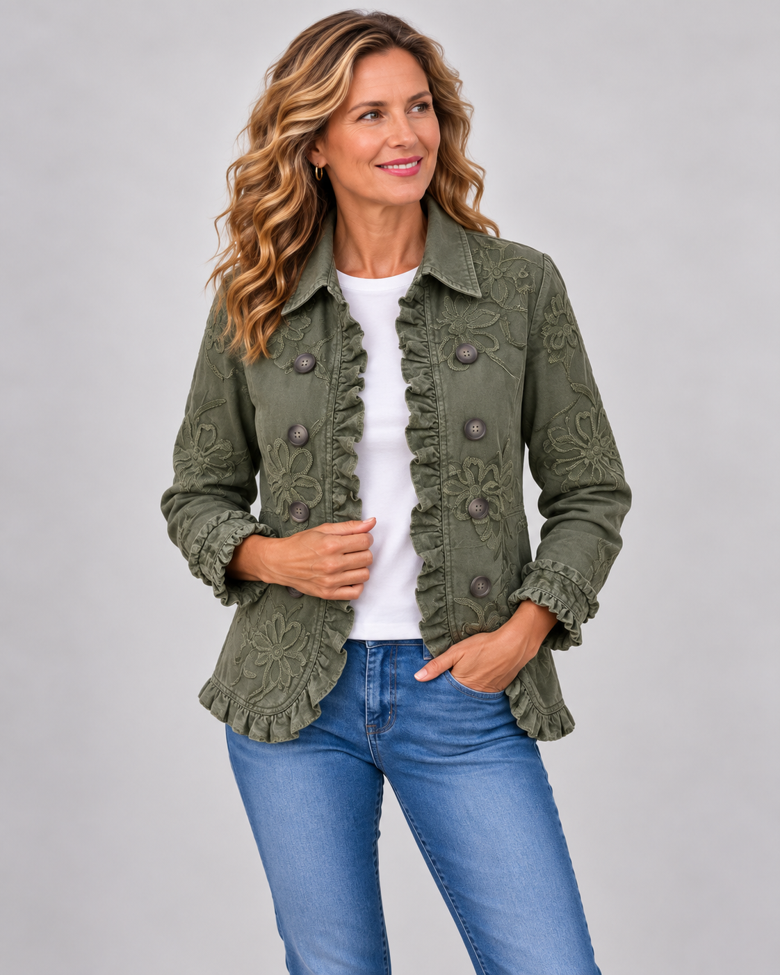 Kamberly™ | Boho-Chic Floral Utility Ruffled Trim Jacket