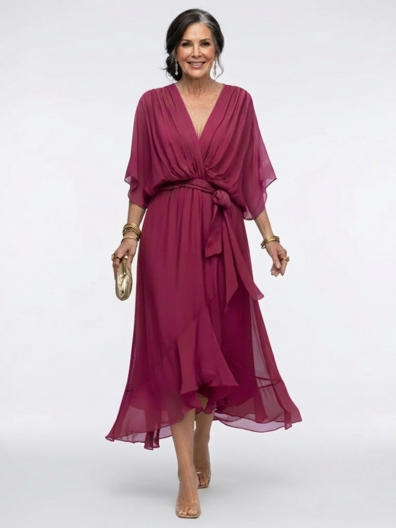 Larissa | V-Neck Draped Waist-Tie Midi Dress