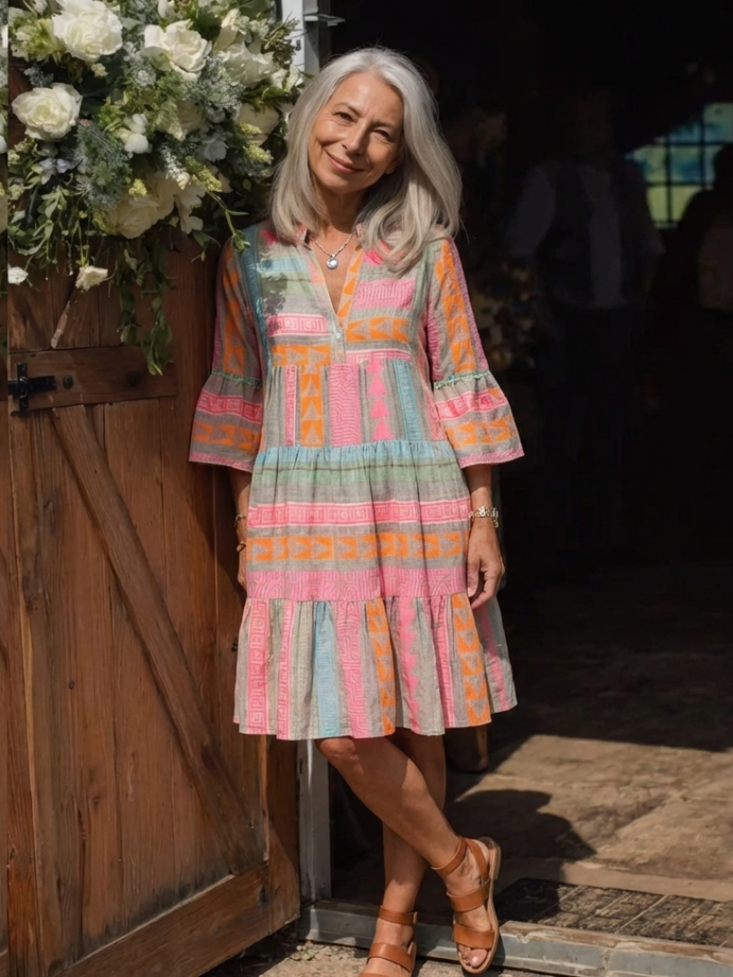 Liza | Geometric Print Tiered Knee-Length Dress
