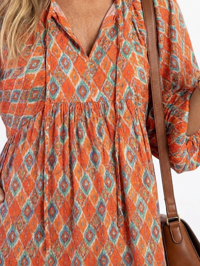Lizette | Beige Geometric Print Tiered Midi Dress