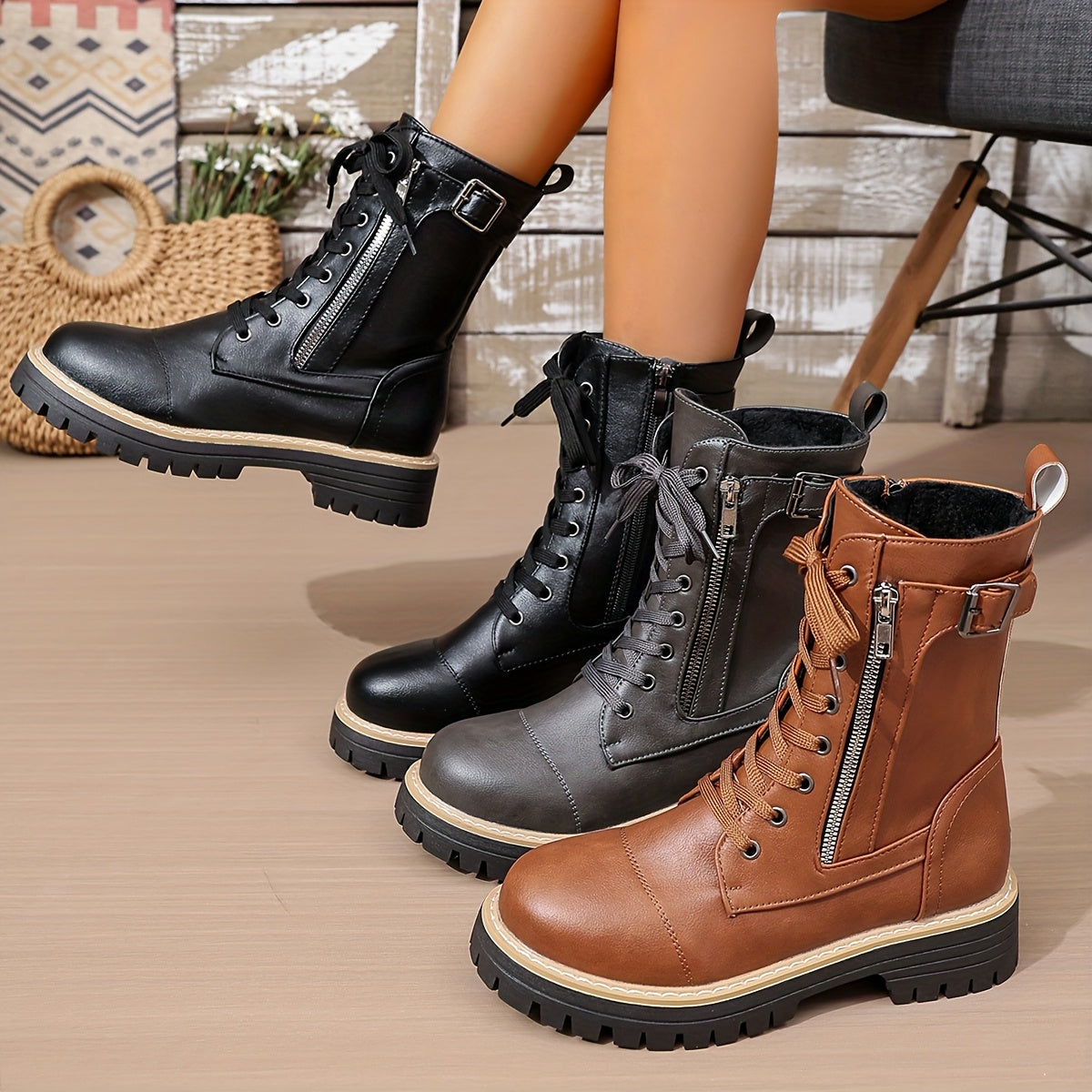 Cassia Lace-Up Side-Zip Combat Boots