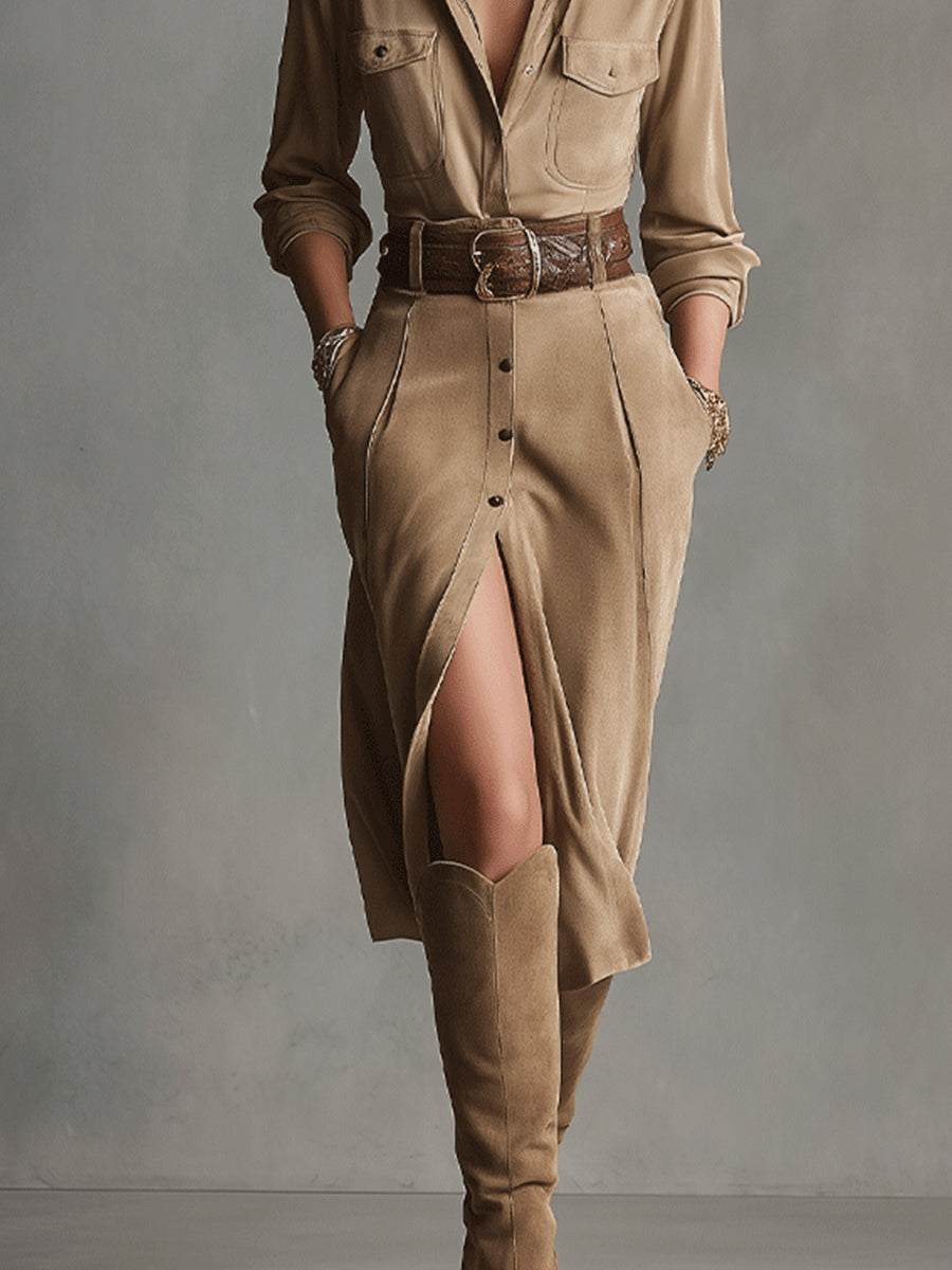 Edda | Suede-Look Side-Slit Midi Dress