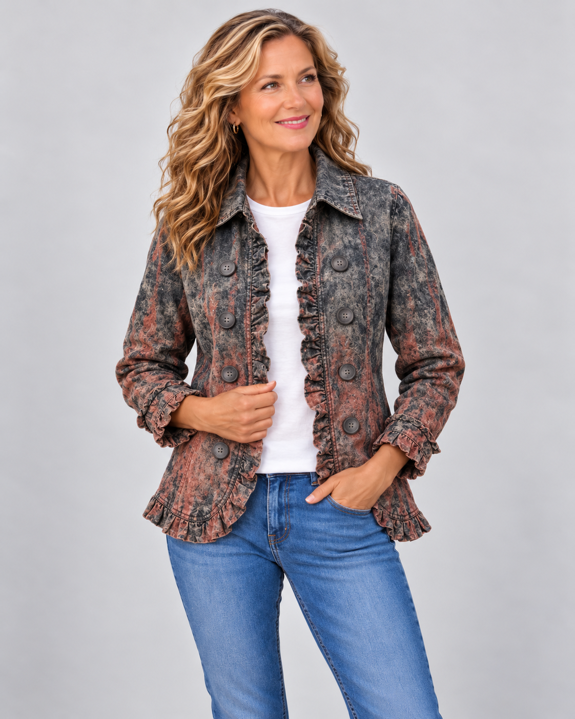 Bristow™ | Vintage Gradient Textured Print Ruffle Jacket