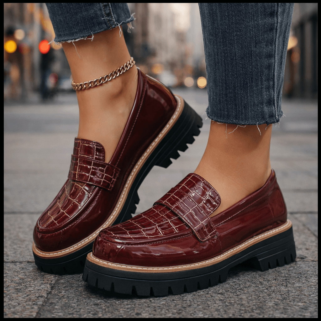 Marilyn croc-embossed platform loafers in Burgundy