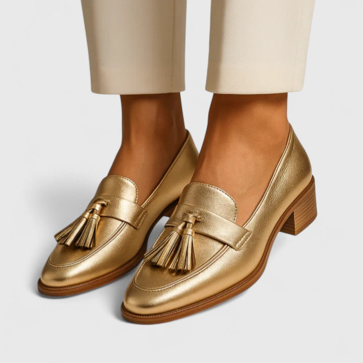 Reba gold tassel block heel loafers in Gold