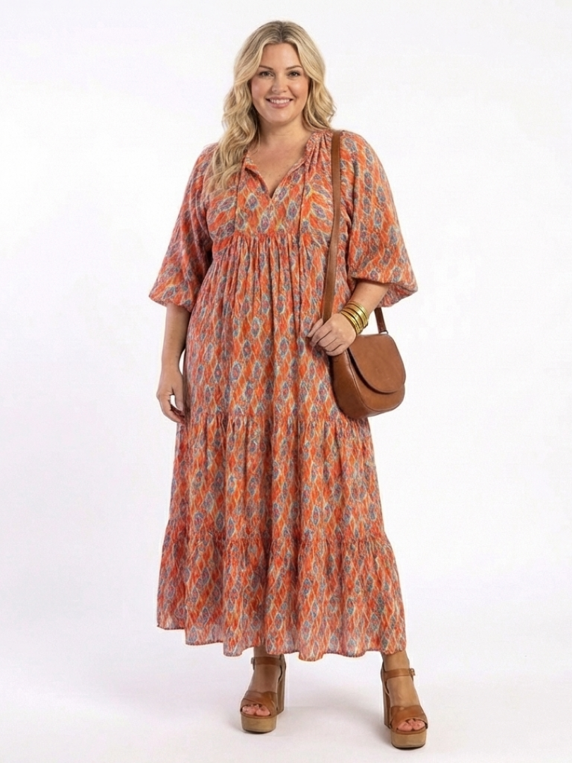 Lizette | Beige Geometric Print Tiered Midi Dress
