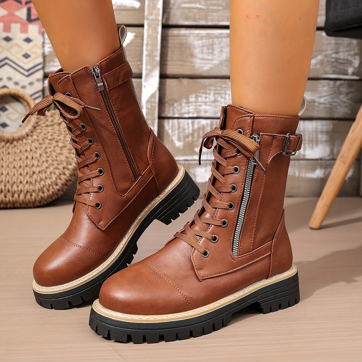 Cassia Lace-Up Side-Zip Combat Boots