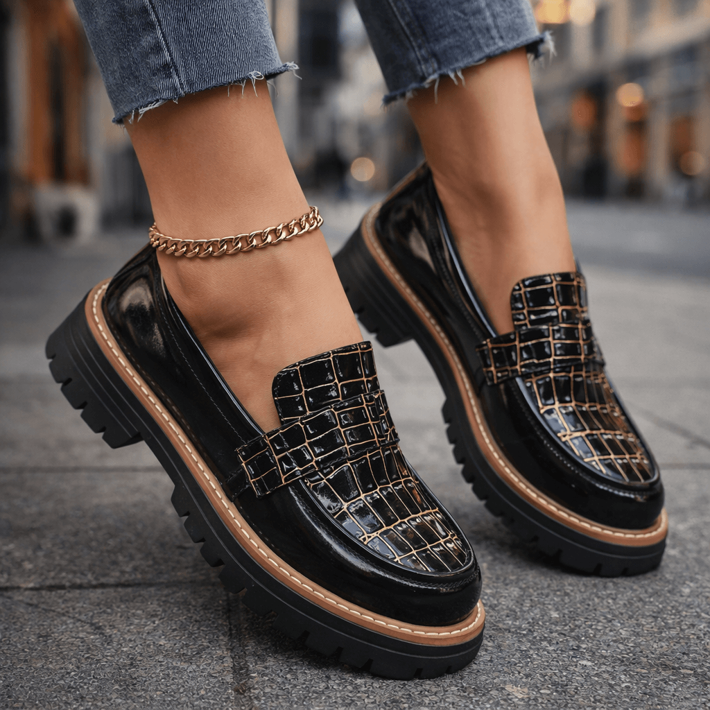 Marilyn croc-embossed platform loafers in Black on foot