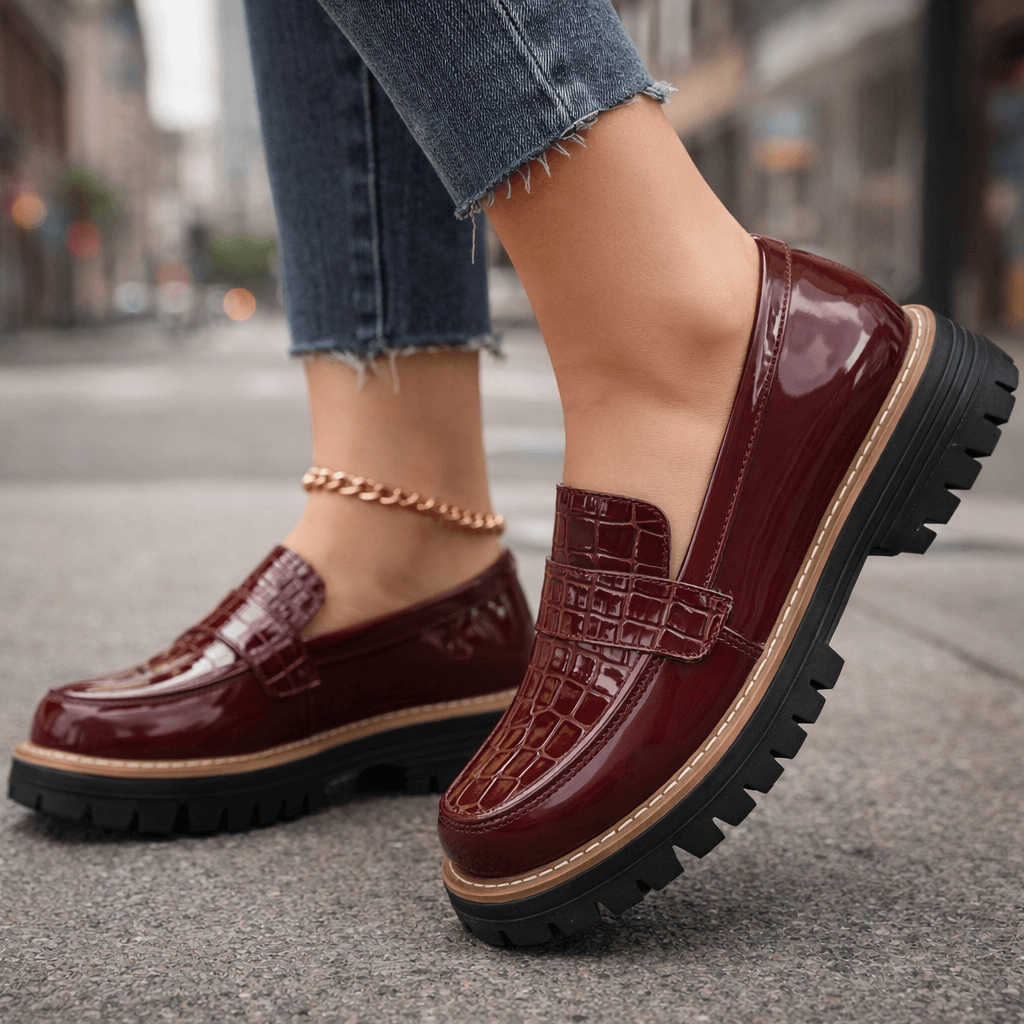 Marilyn croc-embossed platform loafers in Burgundy side view
