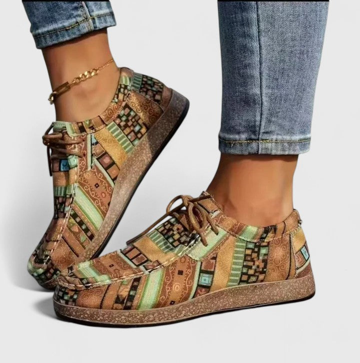 Yvette boho print lace-up moccasins in Khaki