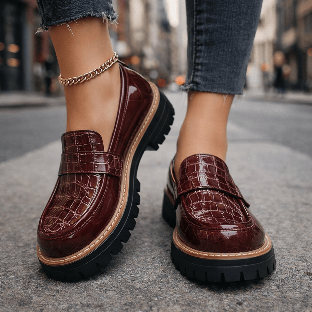 Marilyn croc-embossed platform loafers in Burgundy on foot