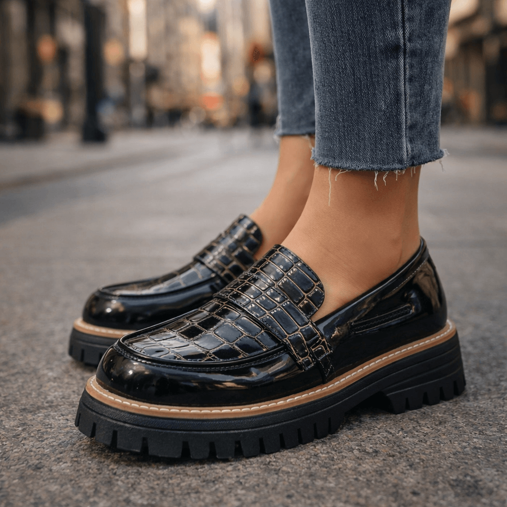 Marilyn croc-embossed platform loafers in Black side view