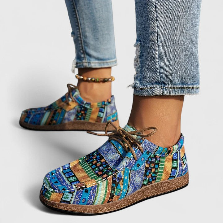 Yvette boho print lace-up moccasins in Blue