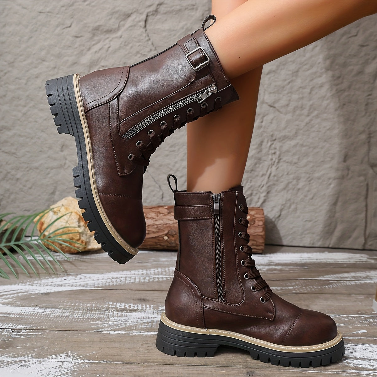 Cassia Lace-Up Side-Zip Combat Boots