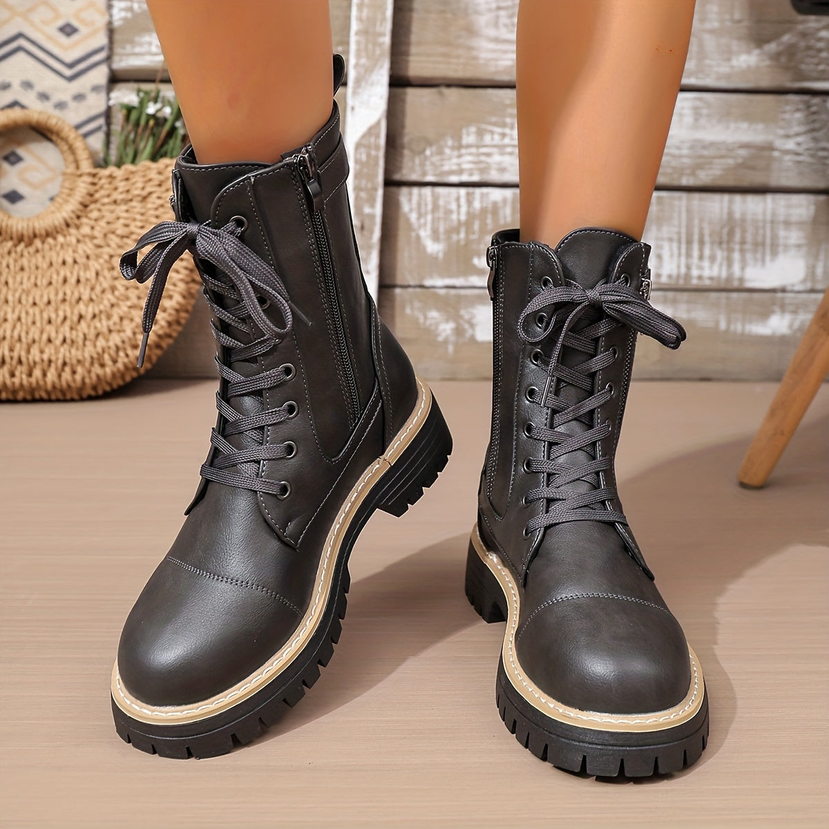 Cassia Lace-Up Side-Zip Combat Boots