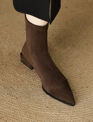 Nelda Suede Pointed-Toe Block Heel Ankle Boots in Brown