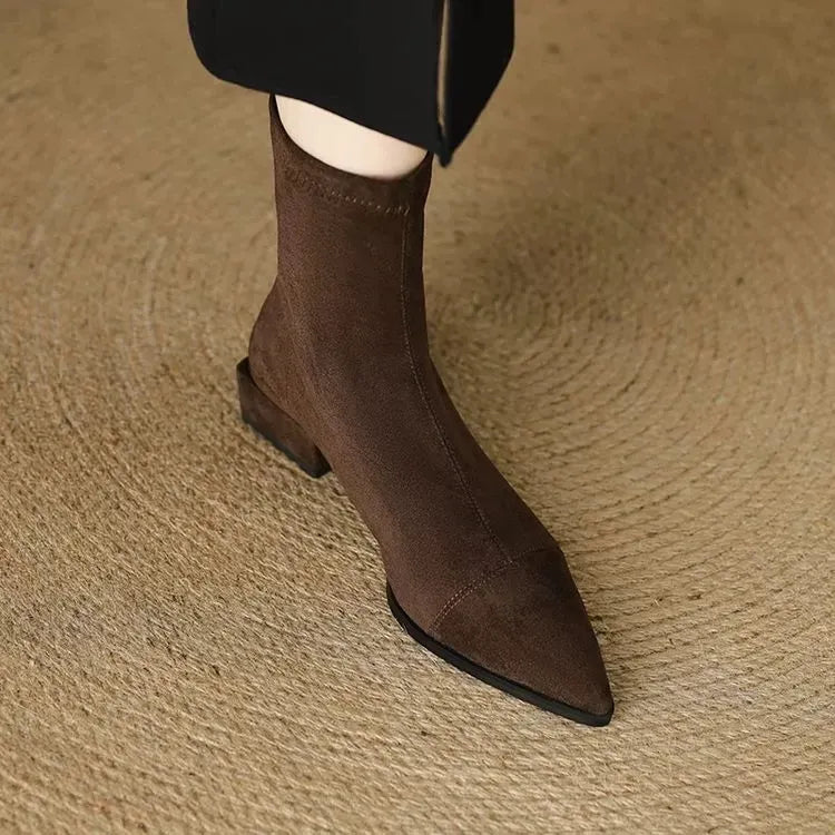 Nelda Suede Pointed-Toe Block Heel Ankle Boots in Brown
