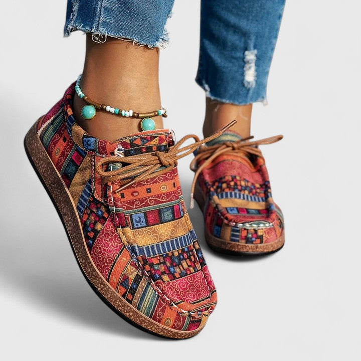 Yvette boho print lace-up moccasins in Red