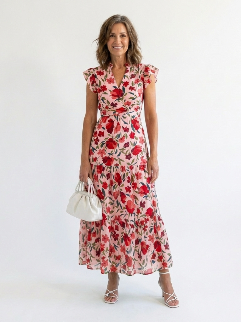Tatiana | Floral V-Neck Tiered Flutter-Sleeve Midi Dress