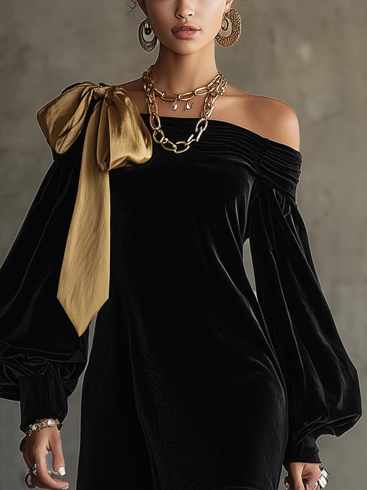 Elsbeth | Velvet and Gold Satin Off-Shoulder Dress