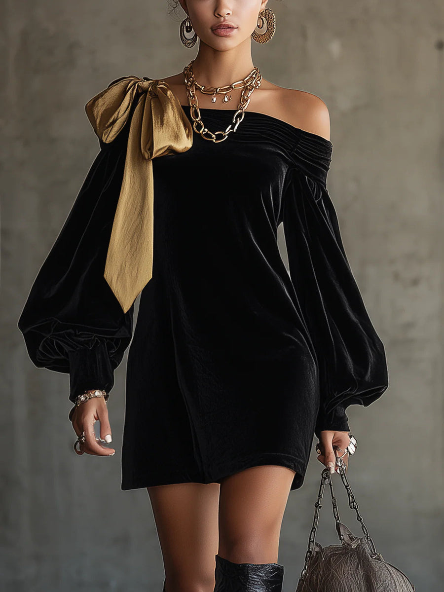 Elsbeth | Velvet and Gold Satin Off-Shoulder Dress