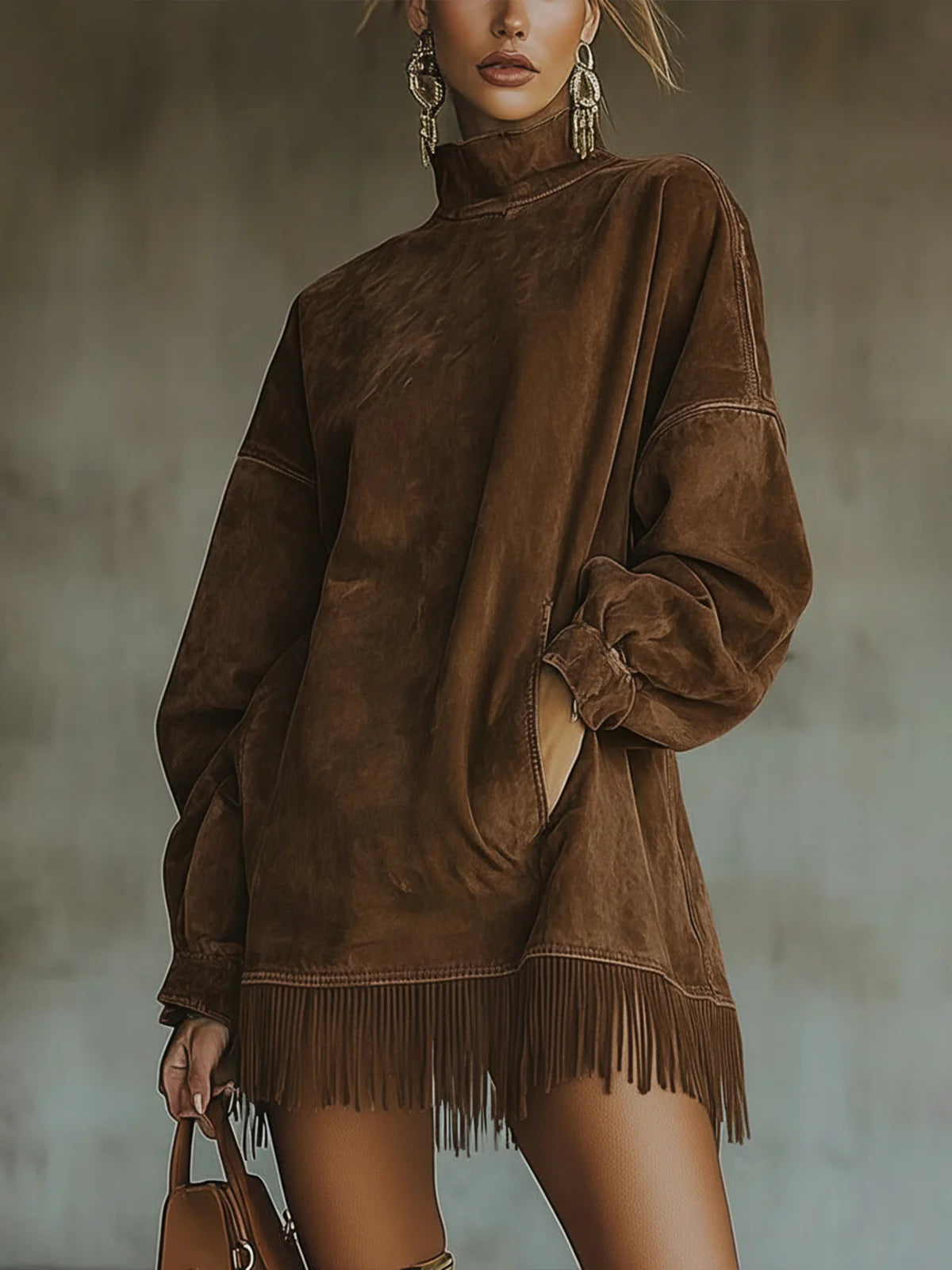 Daria | Suede-Look Fringe Hem Turtleneck Dress