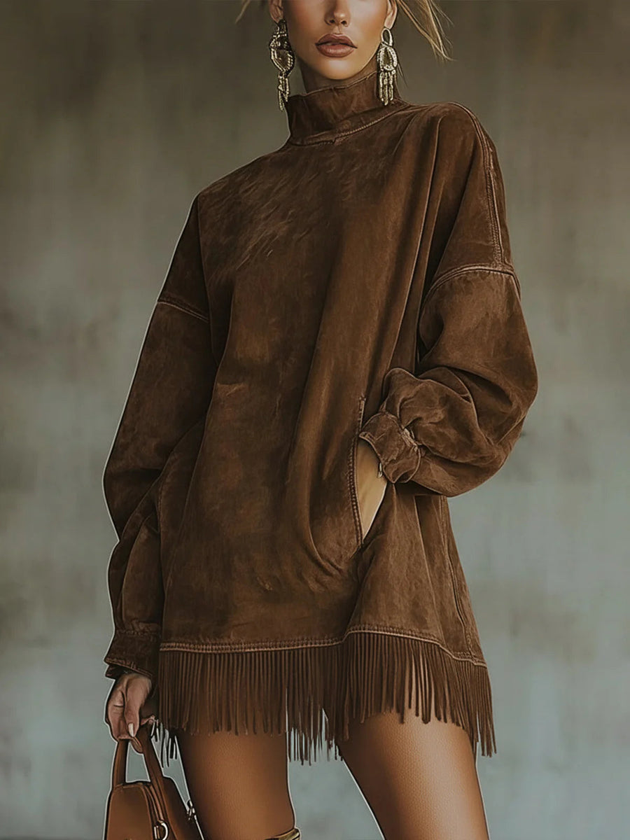 Daria | Suede-Look Fringe Hem Turtleneck Dress