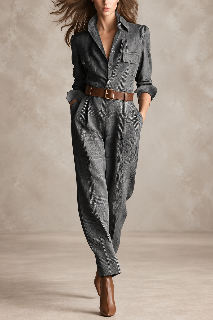 Giulia | Belted Check Tailored Jumpsuit