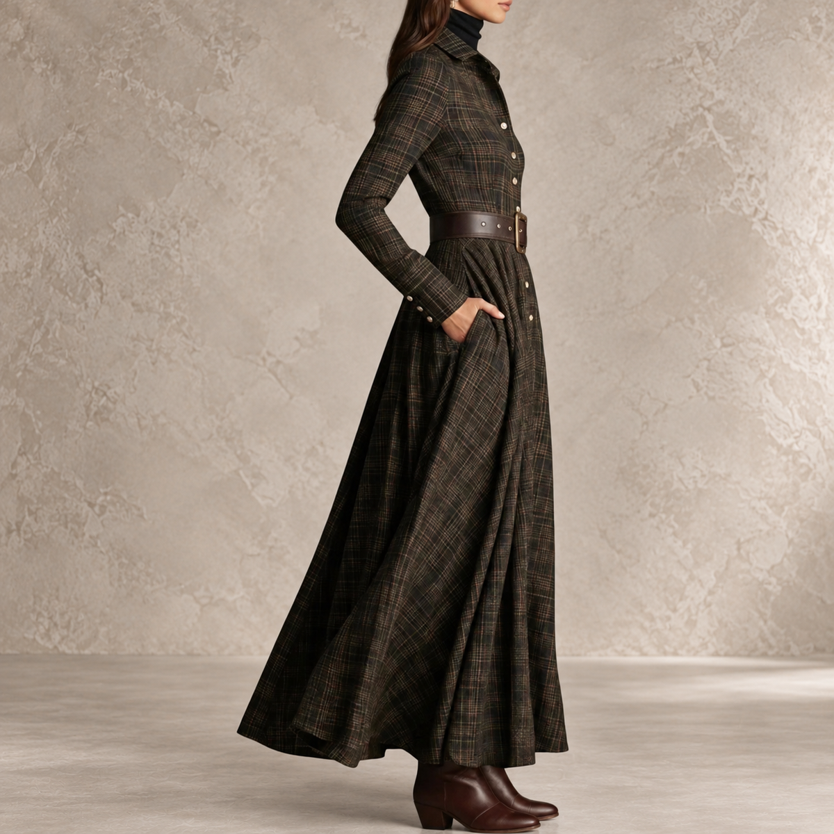 Gerda | A-Line Plaid Belted Button-Front Dress