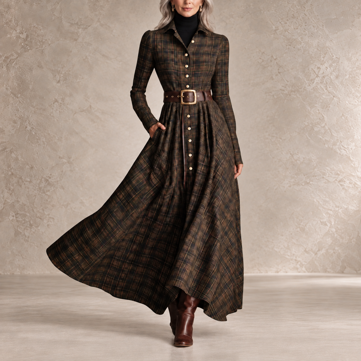Gerda | A-Line Plaid Belted Button-Front Dress