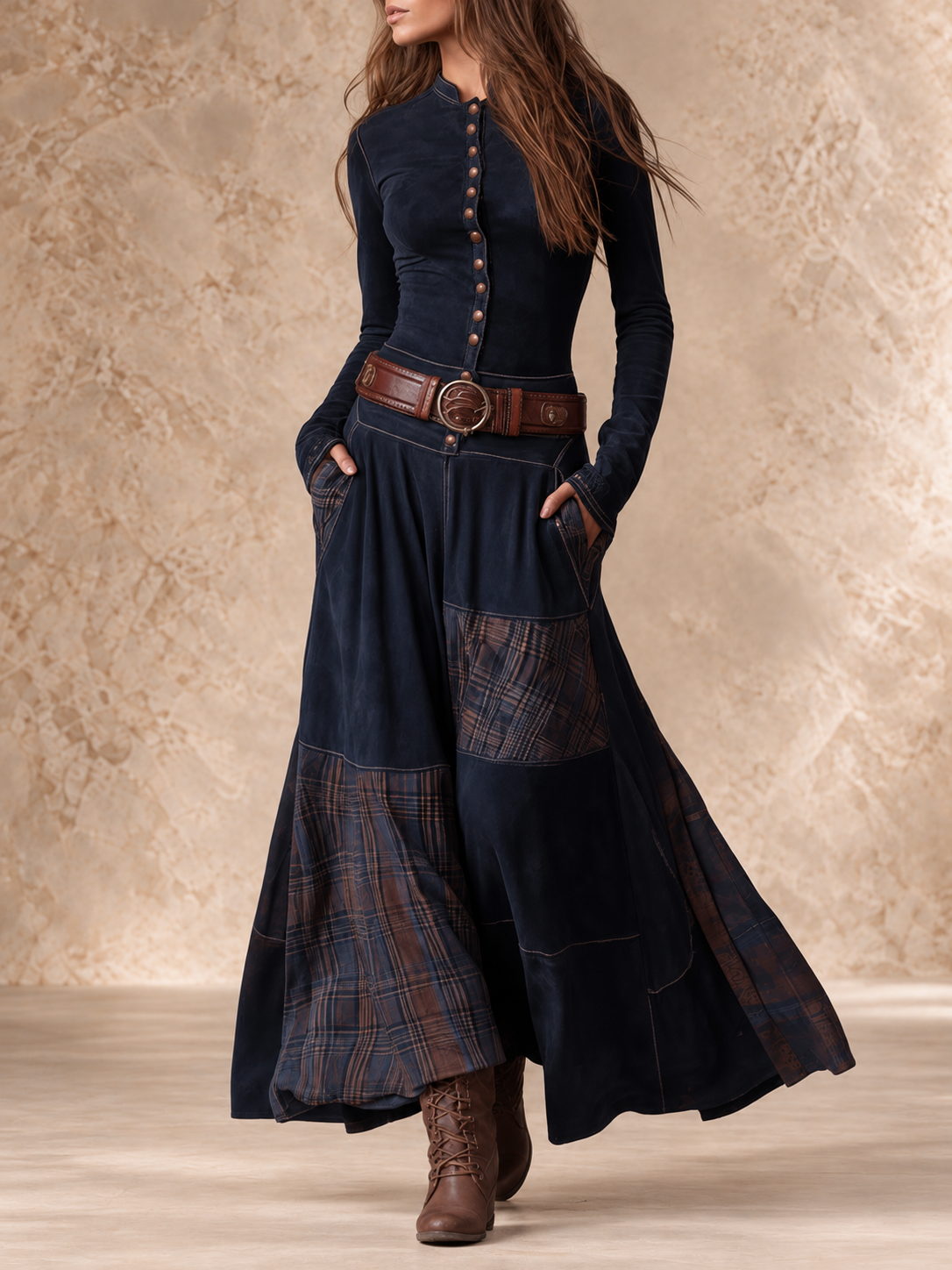 Galina | Plaid Skirt Belted Maxi Dress