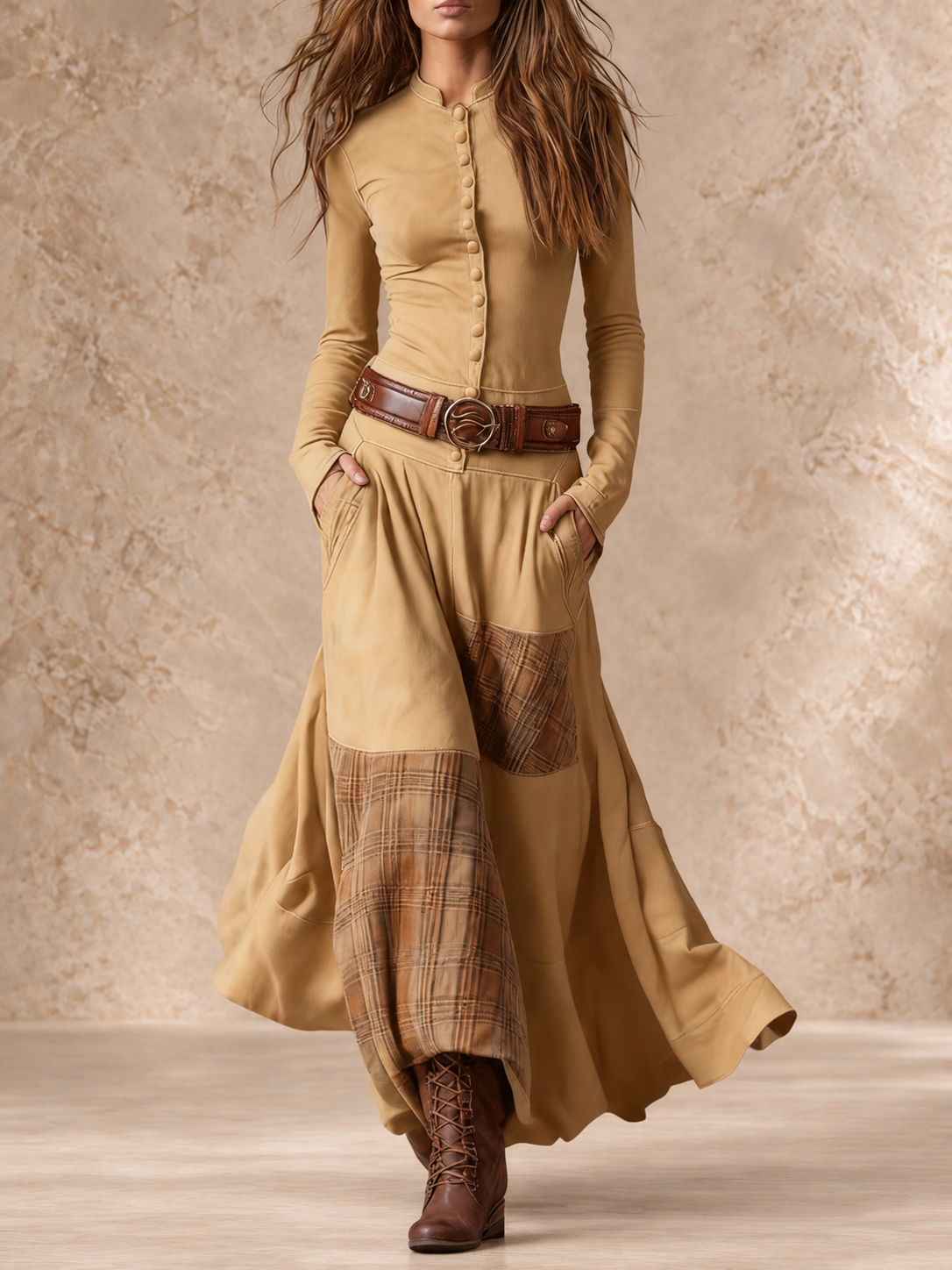 Galina | Plaid Skirt Belted Maxi Dress