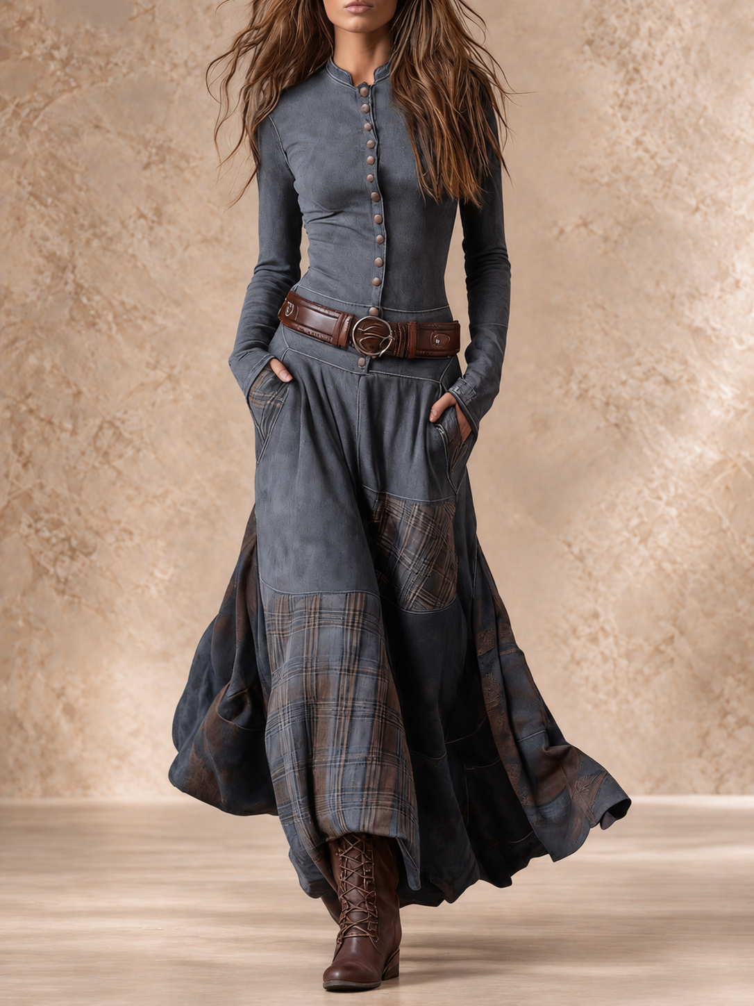 Galina | Plaid Skirt Belted Maxi Dress