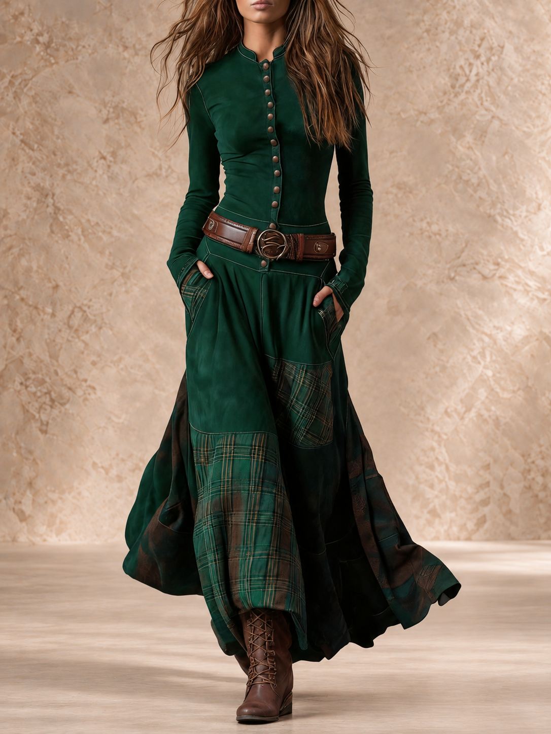 Galina | Plaid Skirt Belted Maxi Dress