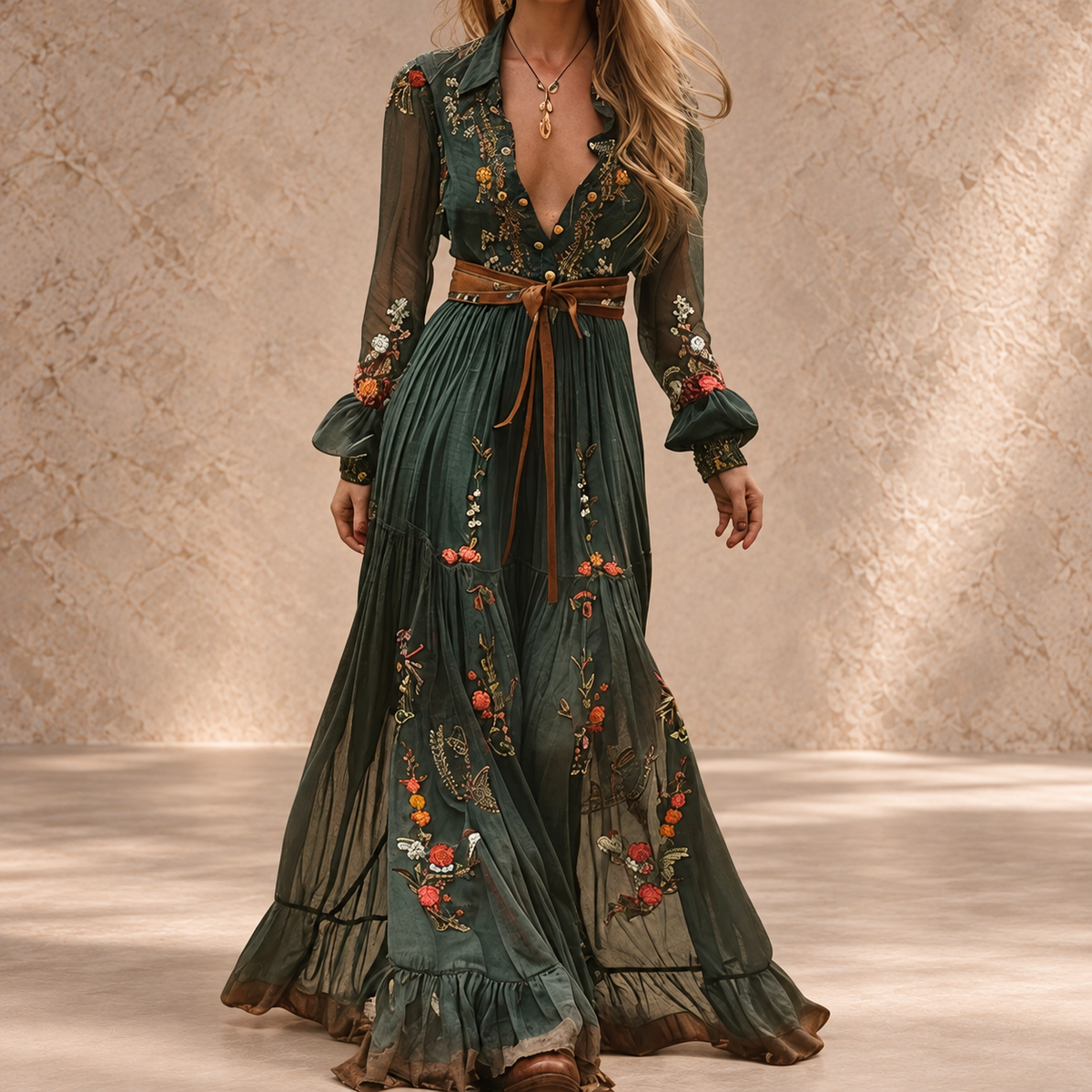 Helga | Embroidered Boho Maxi Dress