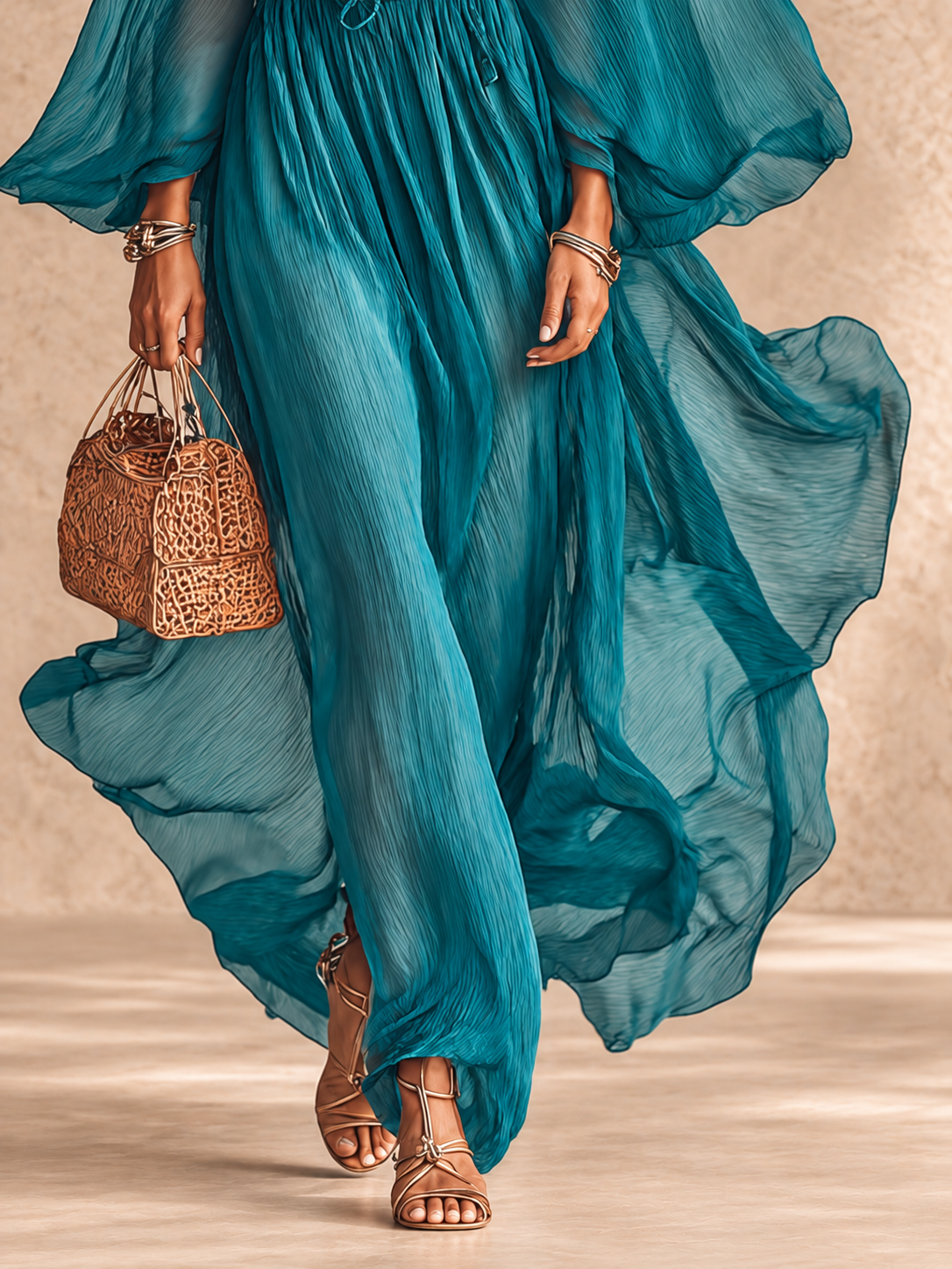 Hertha | Pleated Dress with Sheer Statement Sleeves