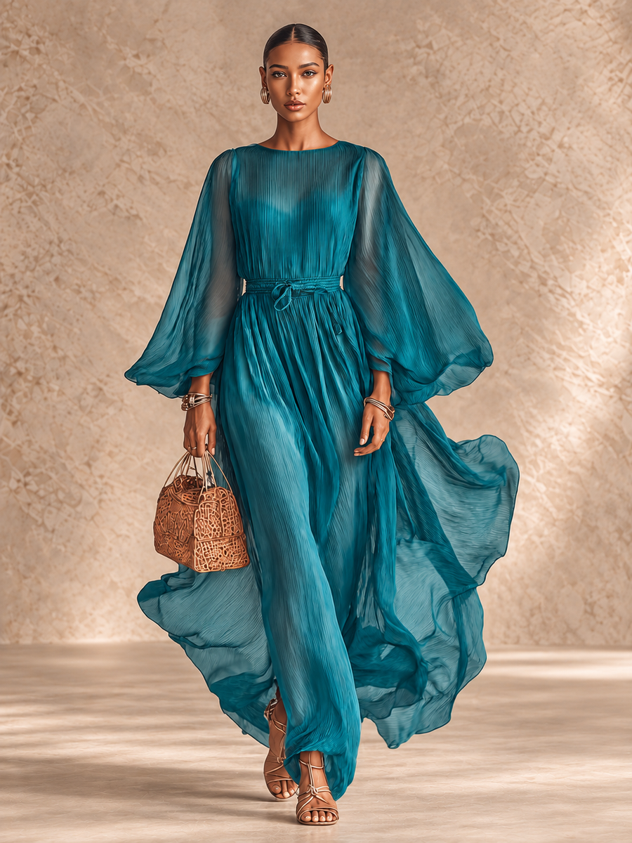Hertha | Pleated Dress with Sheer Statement Sleeves